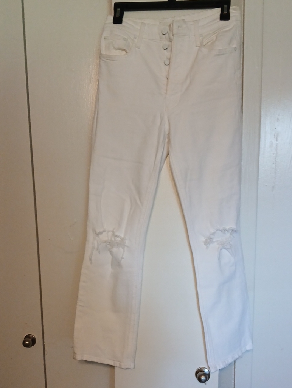 MOTHER White High-Rise Skinny Jeans with Knee Rips